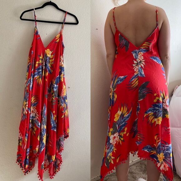 Hawaiian Red Flowy Low Back Beach Dress - Picture 1 of 11